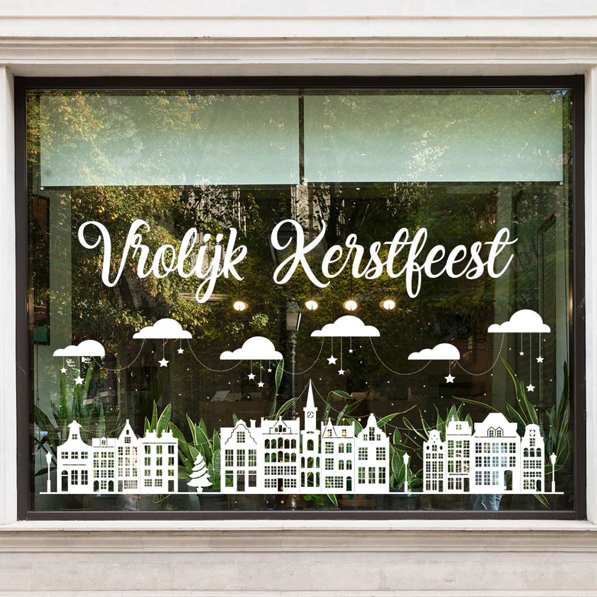 Raamsticker Kerst | Amsterdamse huisjes Vrolijk kerstfeest - Geel - ONESIZE